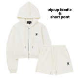 【SET】Signature tuck sleeve crop hood zip-up+Signature short pants - CREAM