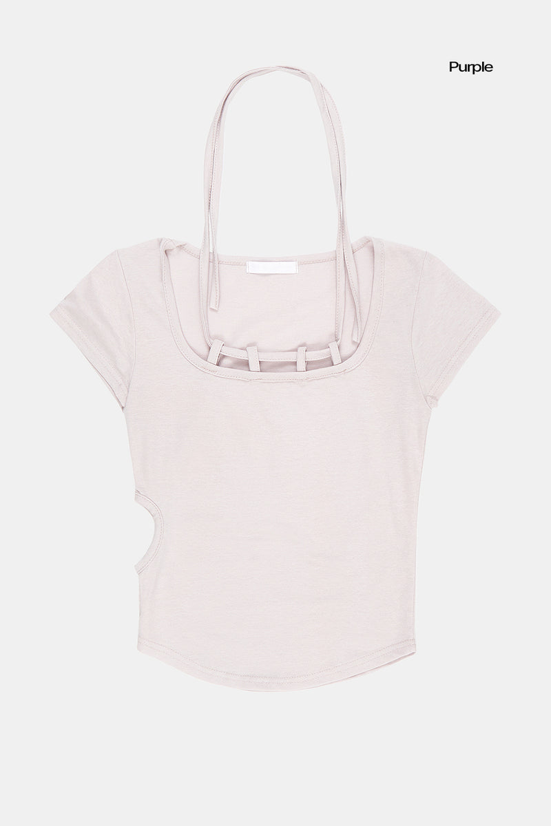 Rail hole string square-neck t-shirt