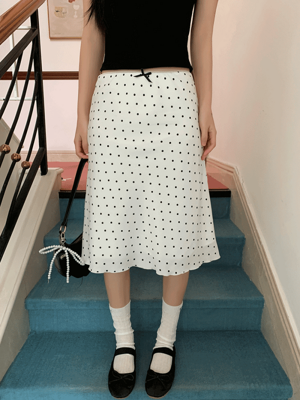 White satin dot midi flared skirt