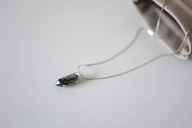 Pencil Black Hair Crystal Silver 925 Necklace handmade