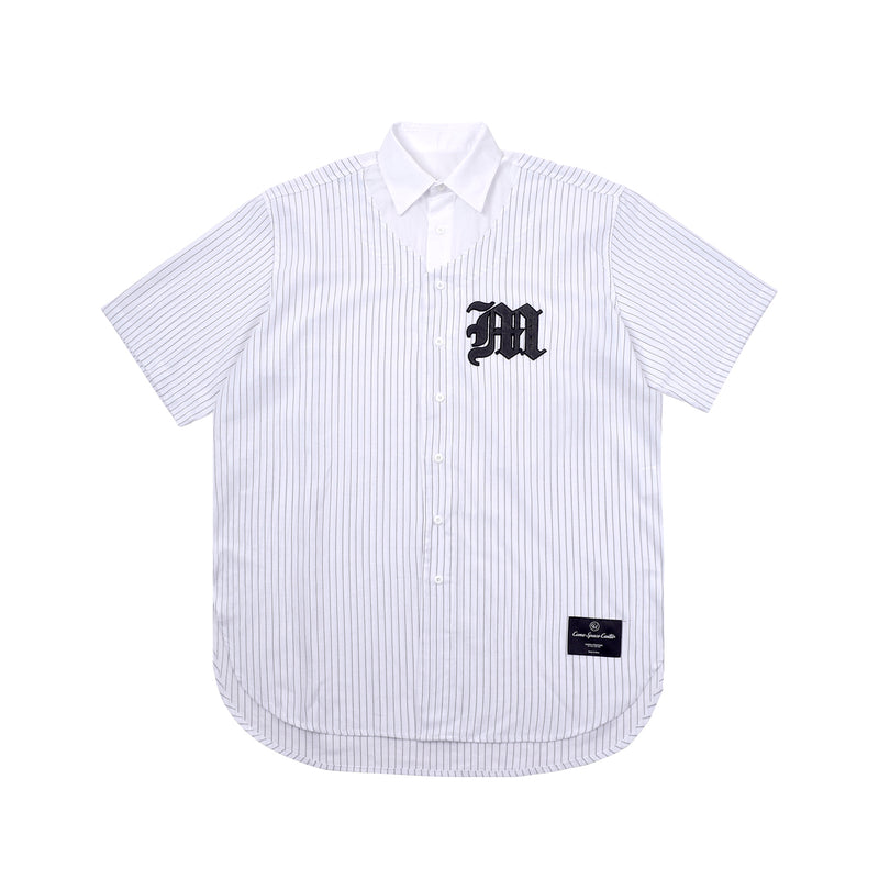 [UNISEX] Logo Applique Linen-Blend Baseball Shirt (White)