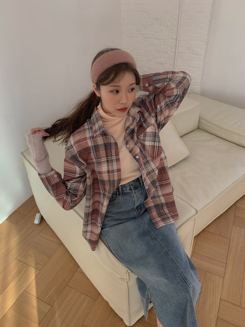 VINTAGE CHECK OVERSIZE WARM SHIRT(PINK, GREEN 2COLORS!) (6654609162358)