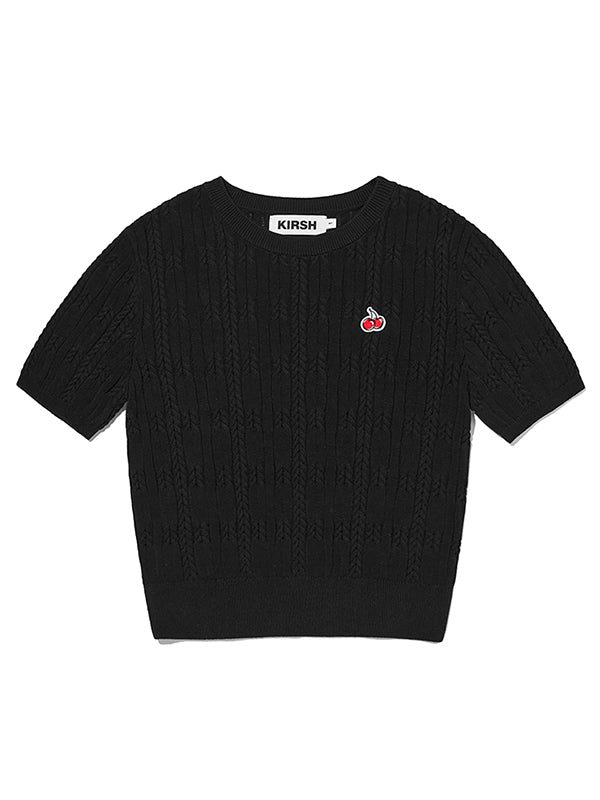 SMALL CHERRY CABLE CROP SHORT SLEEVE KNIT [BLACK]