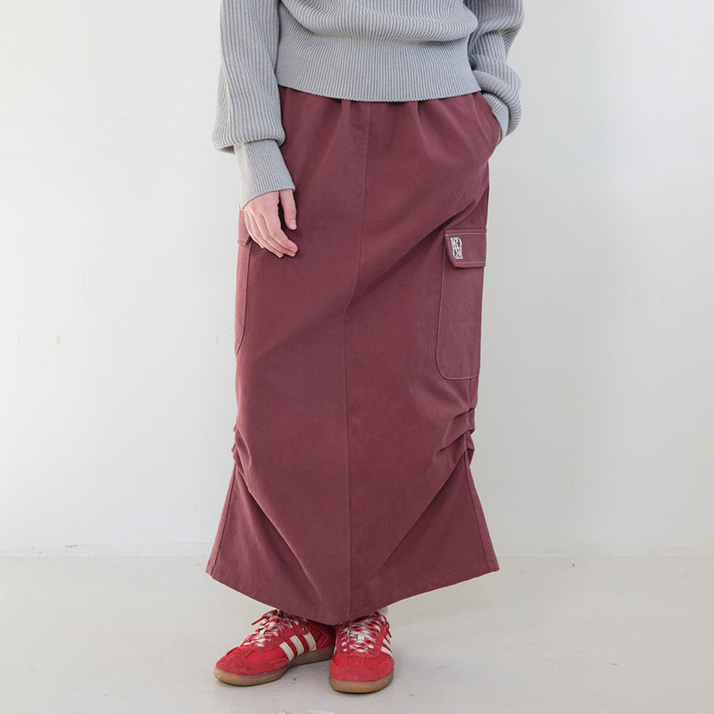 サイドステッチタックカーゴロングスカート/Side Stitch Tuck Cargo long Skirt [RED BROWN]
