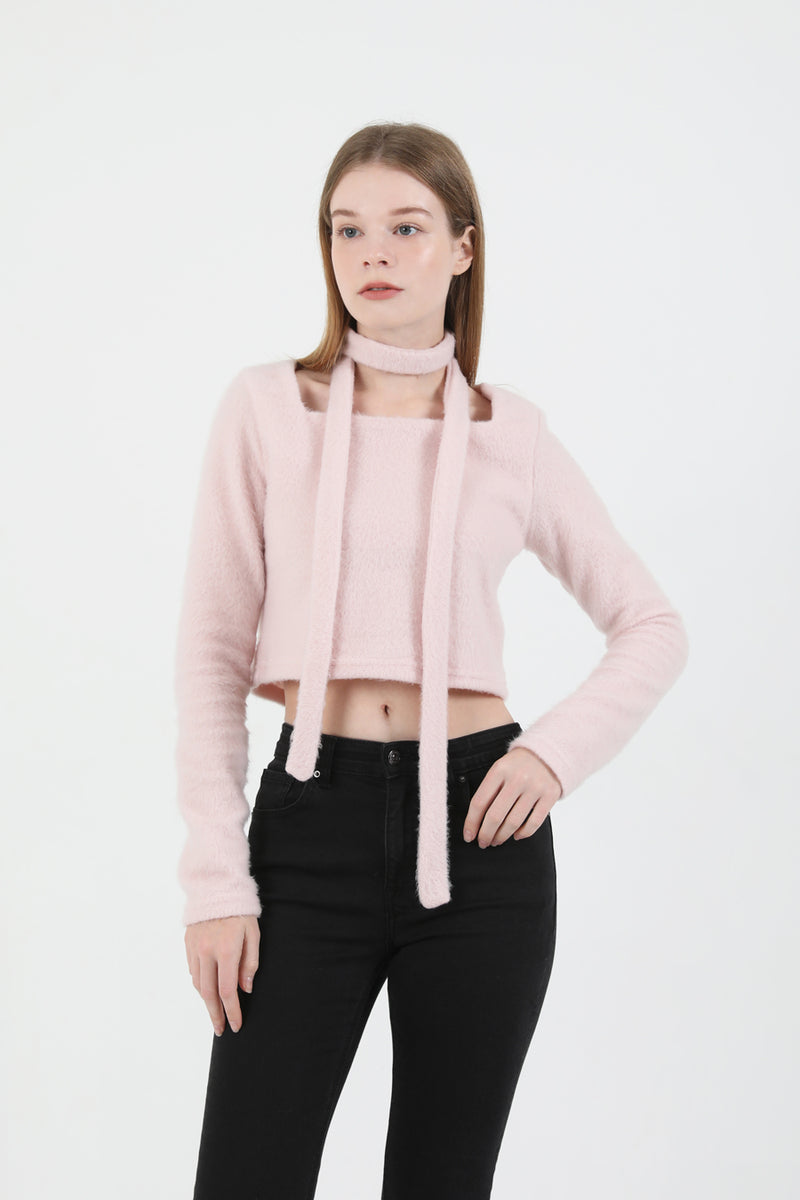 Square Neck Fur Knit T-shirt Muffler Set Pink