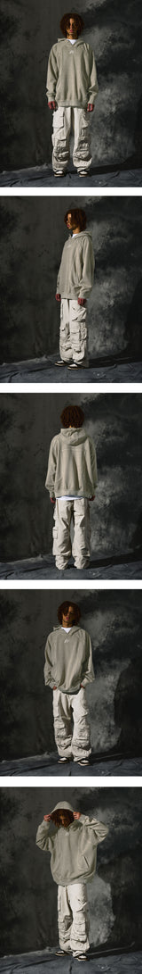 [Heavy Cotton] Pigment Washing Puzzle Embroidered Hoodie_Olive