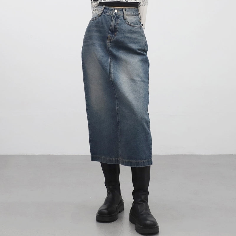 ムートンスリットデニムロングスカート/Muton slit denim long skirt