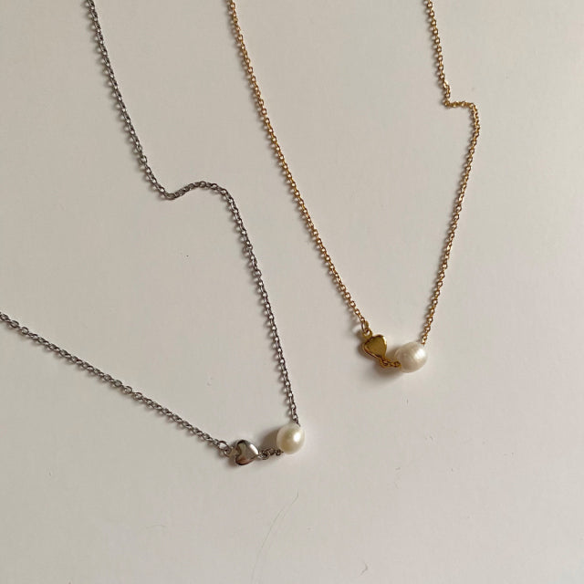 フレッシュウォーターパールハートシンプルデイリーネックレス / dmm Freshwater Pearl Heart Simple Daily Necklace (2color)