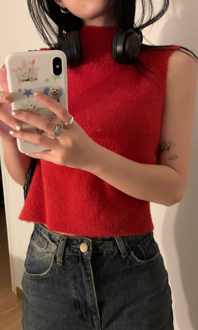 Red angora turtleneck sleeveless top