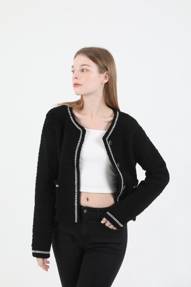 Tweed Wool Fur Jacket Black