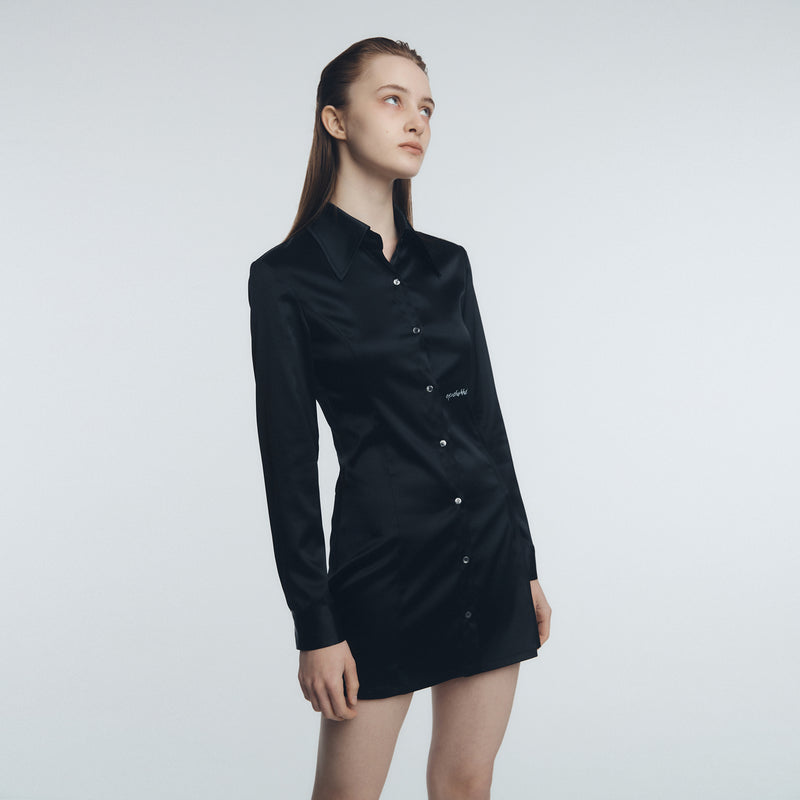 サテンシャツミニドレス / Satin Shirt Mini Dress, Black