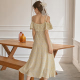 アメリフローラルフリルスリットロングドレス / Amelie floral ruffle slit long dress