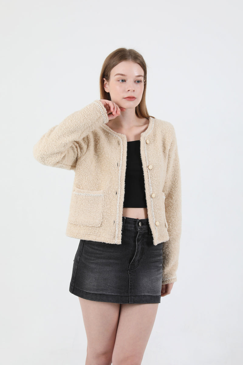 Tweed Wool Fur Jacket Beige