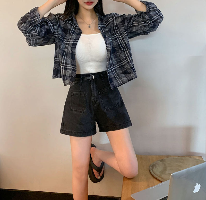 [3colors] cropped check shirt