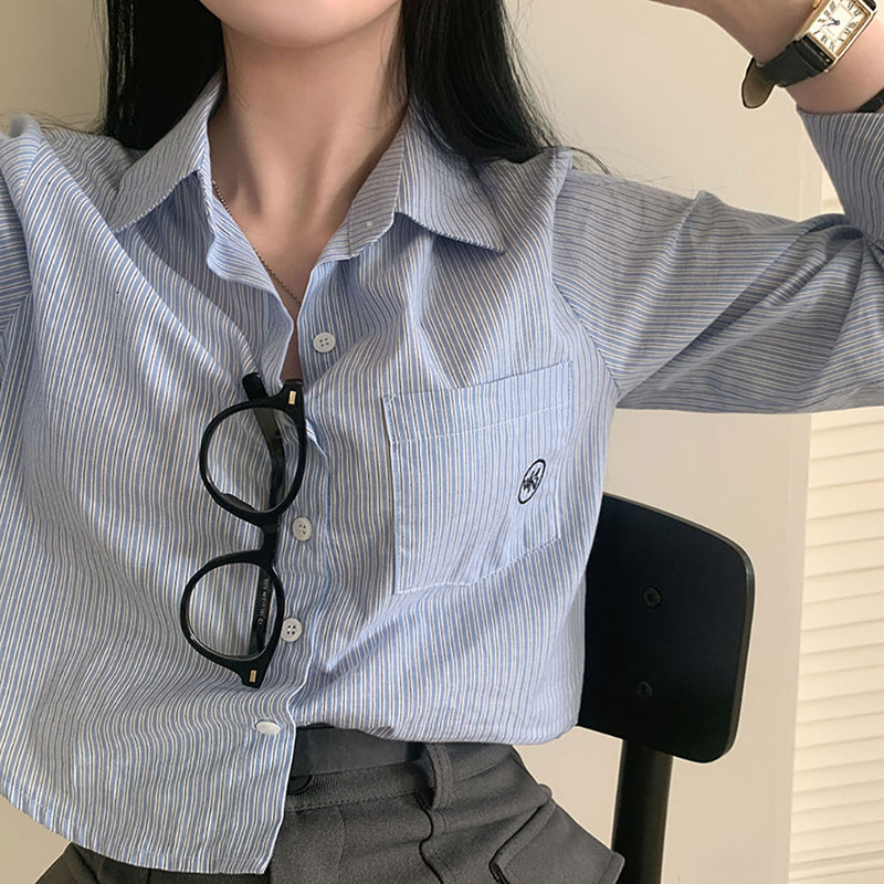 [2colors/embroidery] Initial cropped stripe shirt