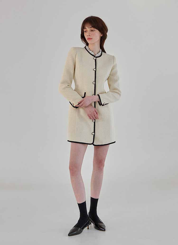 ウールブレンドフリルネックツイードワンピースS/(OP-6025) Wool Blend Frill Neck Tweed Dress S