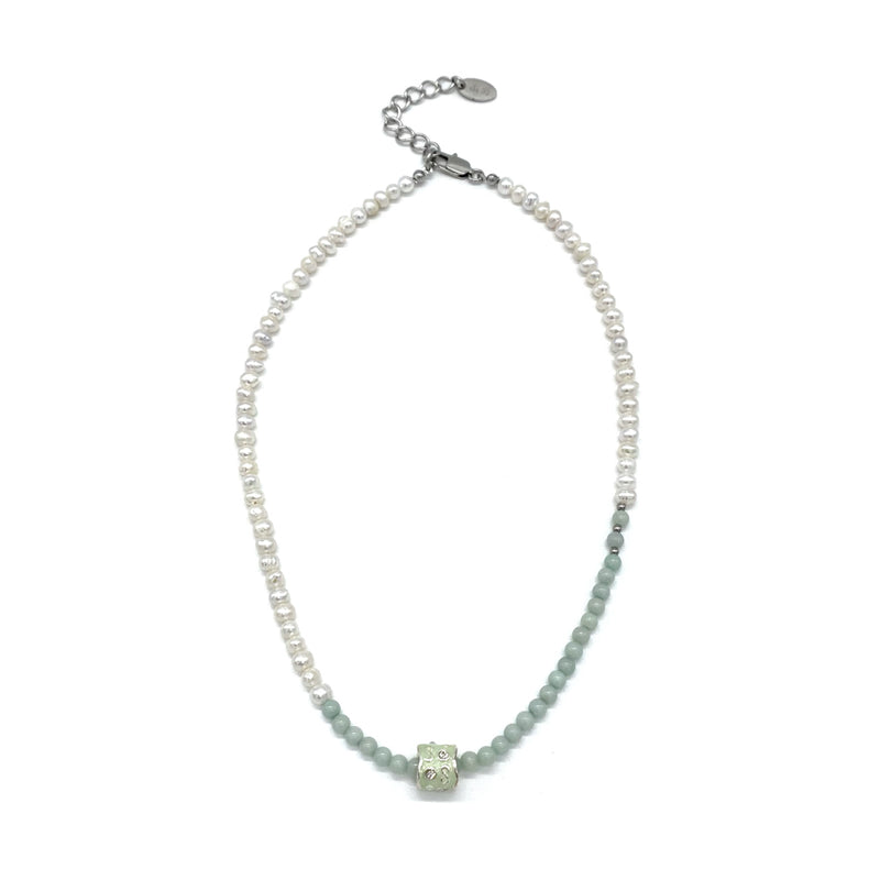 グリーンキュービックペンダントジェムストーンミックスパールネックレス / Green Cubic pendant gemstone mix pearl necklace