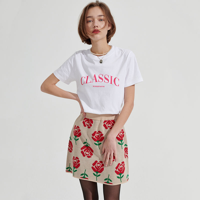 Rose pattern Mini Skirt [Beige] (6679675207798)