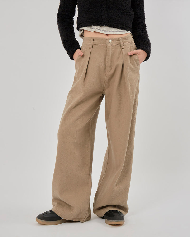 ピンタックヘリンボーンワイドコットンパンツ/Pintuck herringbone wide cotton pants