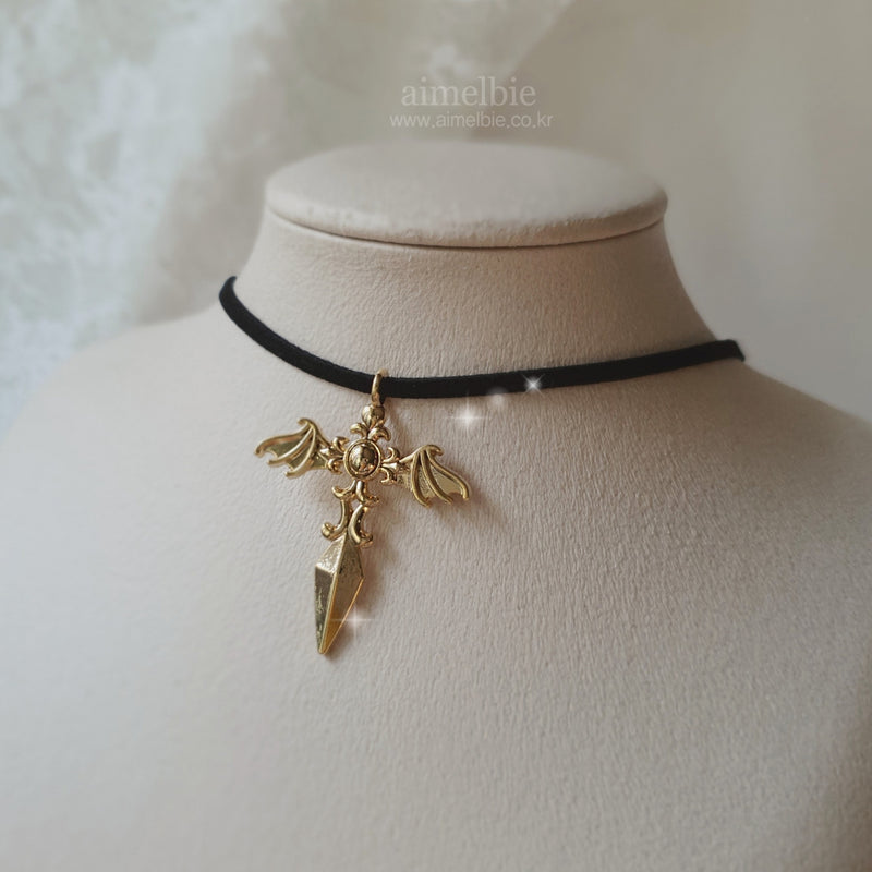 Angelic Sword Cross Choker Necklace - Gold Color