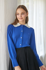 hand crochet neck&sleeve decorative cashmere cardigan_royal blue (6655897469046)