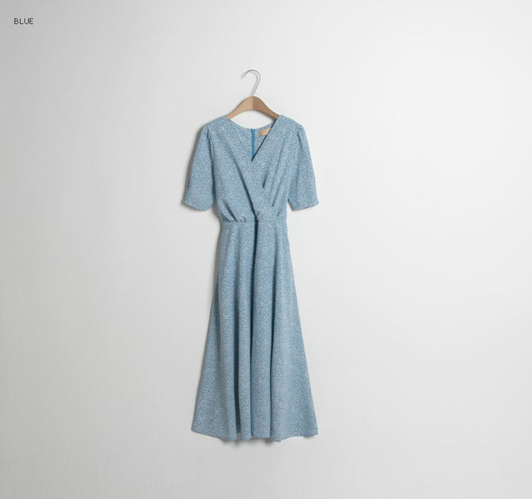 フラワープリントショートスリーブロングドレス/(OP-5898) Flower Print Short Sleeve Long Dress