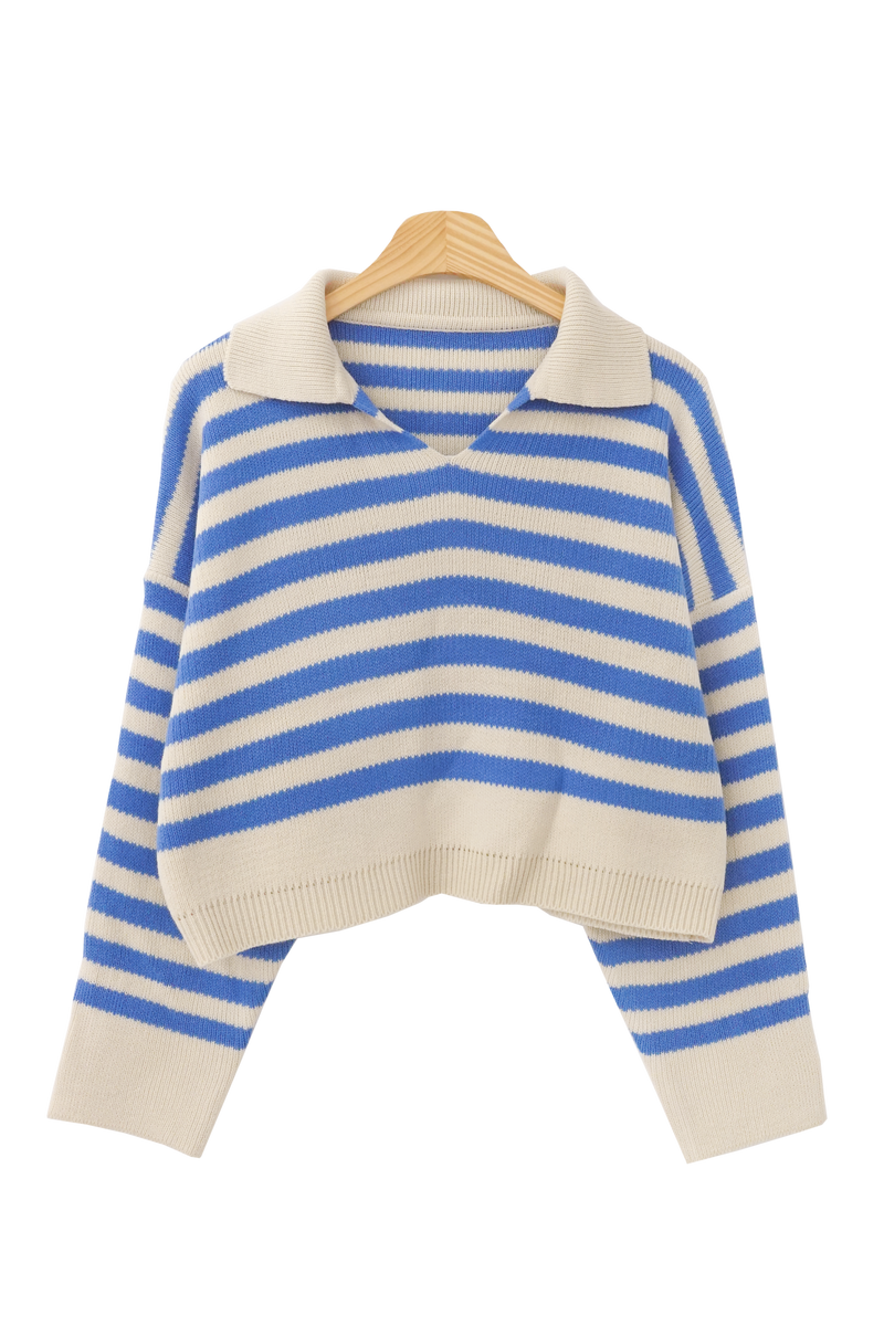 レッツスプリングカラーストライプクロップドニット / Let's Spring Collar Stripe Cropped Knitwear (3 colors)