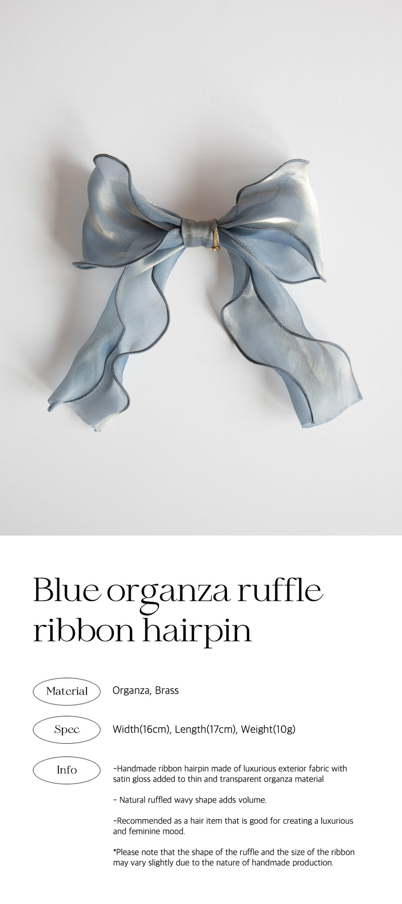Blue organza ruffle ribbon hairpin