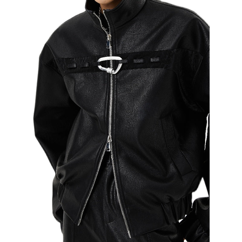 double zipper chest staggered black leather jacket
