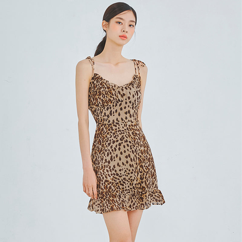レオパードシフォンリボンミニドレス / Leopard Chiffon Ribbon Mini Dress