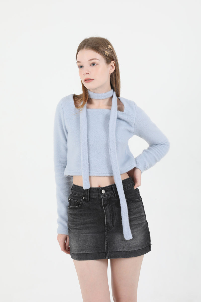 Square Neck Fur Knit T-shirt Muffler Set SkyBlue