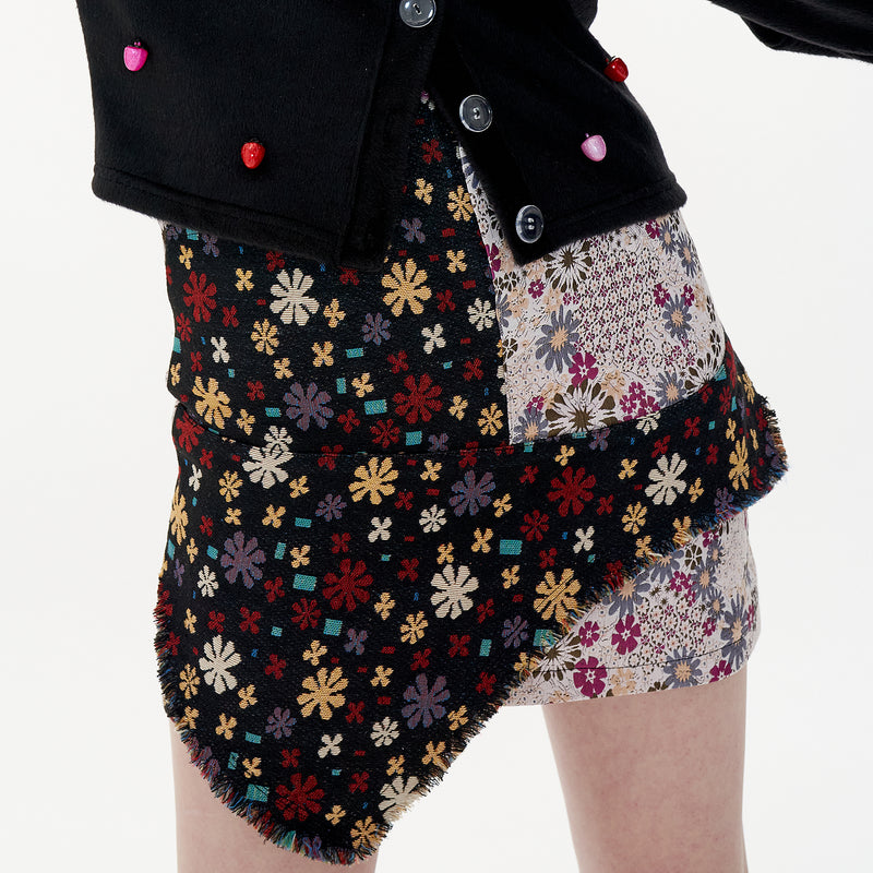 Jacquard Skirt [Black Pink_Flower] (6612247773302)