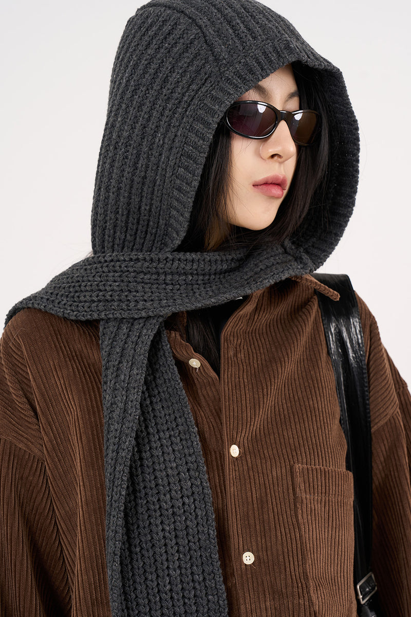 Wool hooded long knit muffler