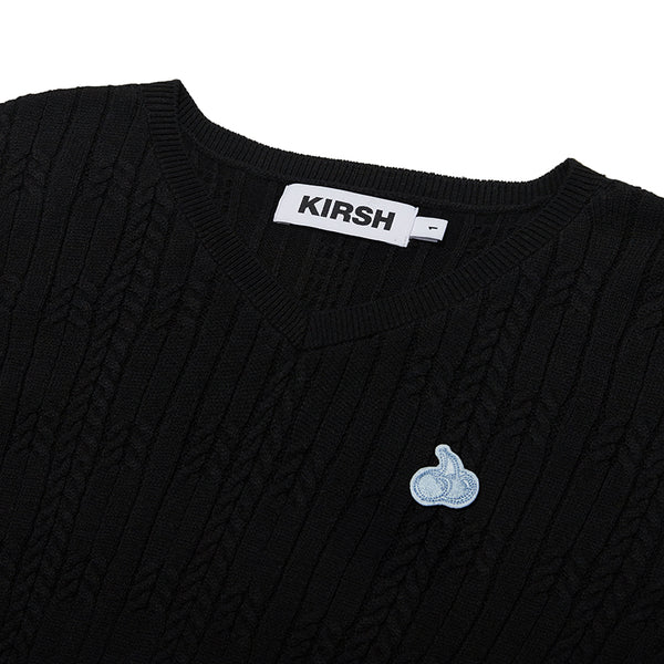 SMALL CHERRY V-NECK CABLE CROP KNIT [BLACK]