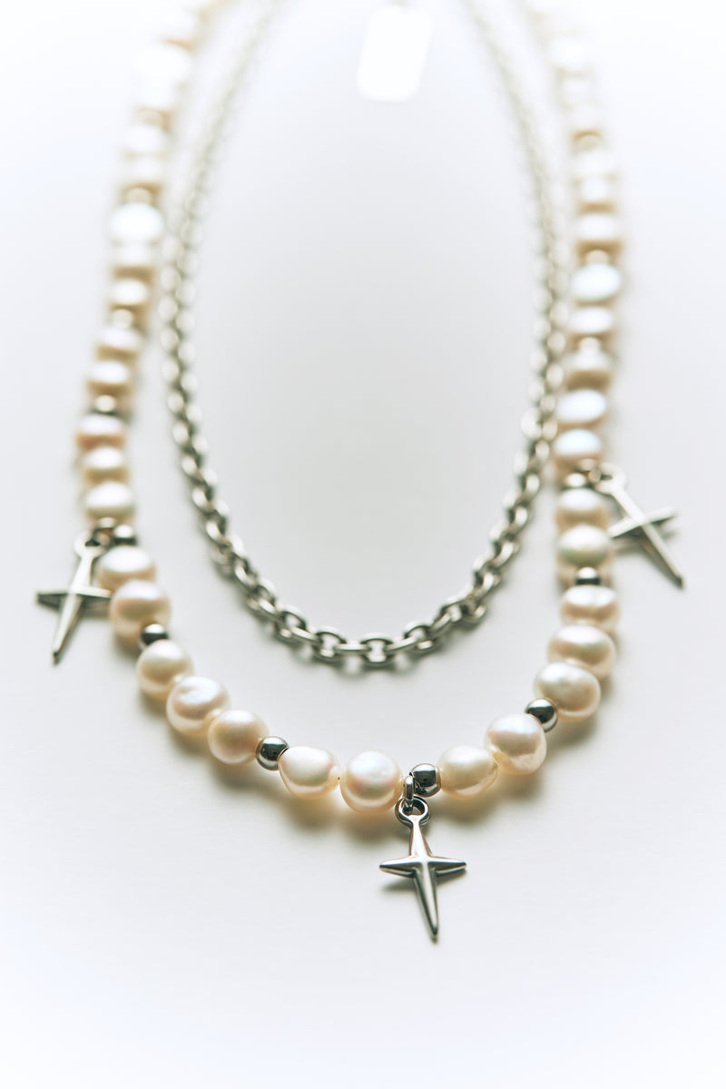 Cross layered freshwater pearl neckalce