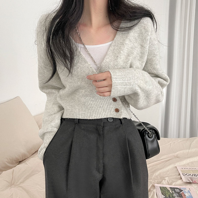 Off-Center Button Front Crop Cardigan