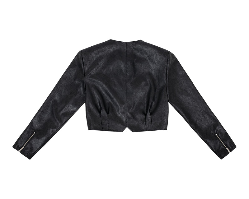 フォーレザークロップドジップアップジャケット / Faux-Leather Cropped Zip-Up Jacket _ Black