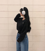 [Belied made / Wool napping version] Ribbon solid V-neck napping cropped sweatshirt