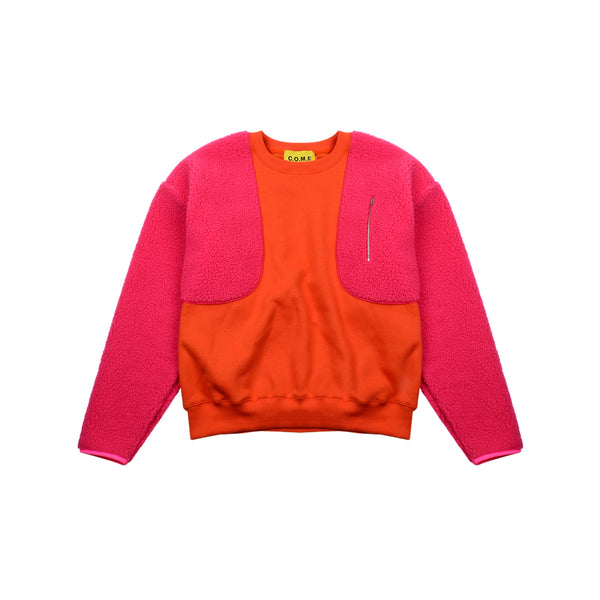 [UNISEX] Panelled Faux-Shearling Sweatshirt (Orange) (6656340590710)