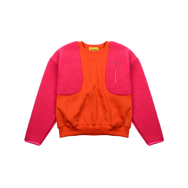 [UNISEX] Panelled Faux-Shearling Sweatshirt (Orange) (6656340590710)