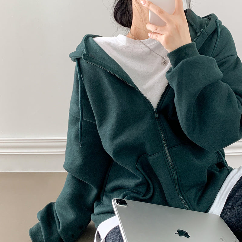 [5color/raised] Comfortable and cute, overfit brushed hooded zip-up