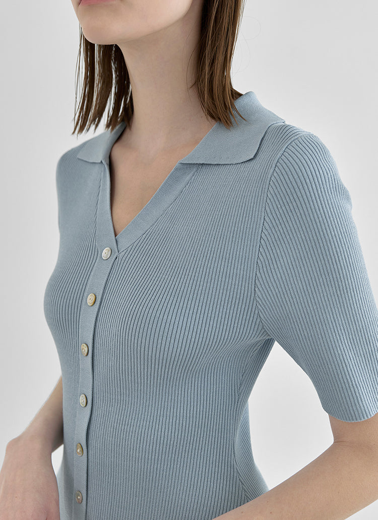 オープンカラーフレアリブドニットドレス / (OP-6047) Open collar flare ribbed knit dress