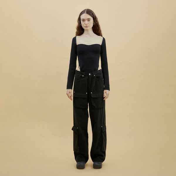 Exaggerated Rivet Patch-Pocket Trousers (BLACK)