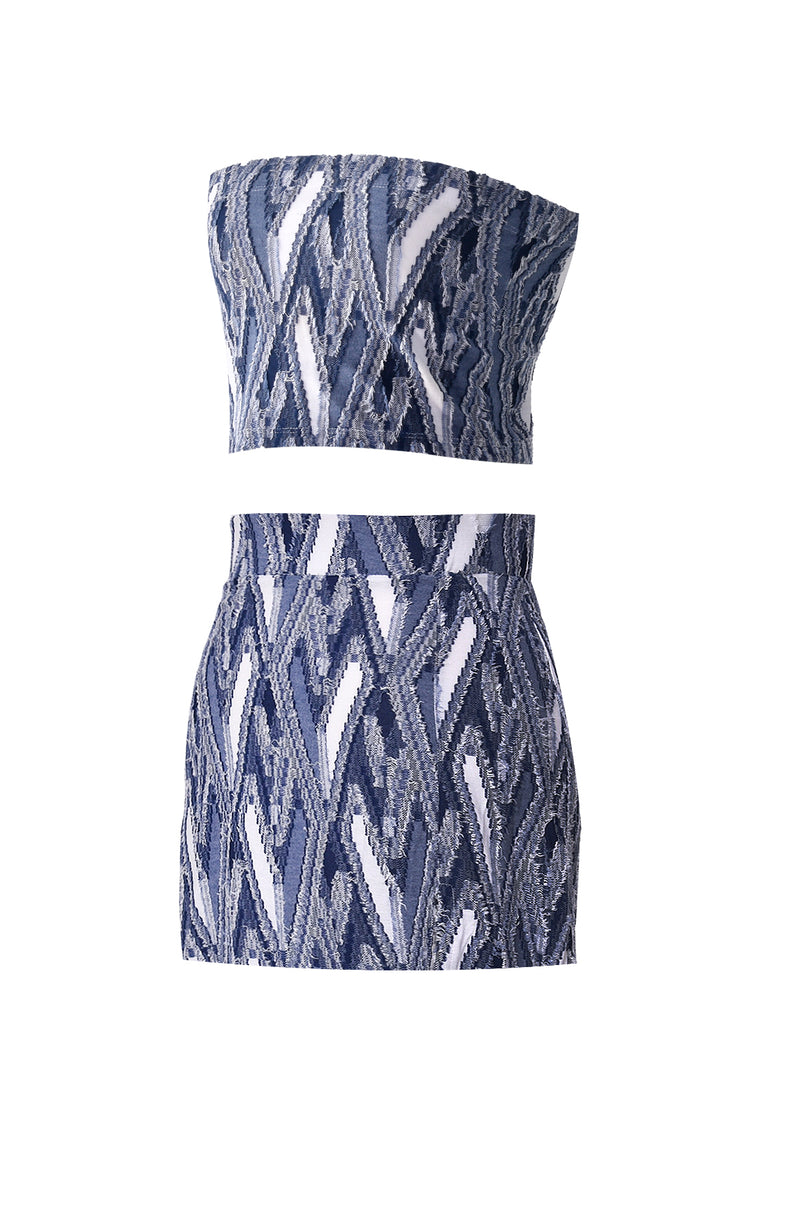 デニムジャカード チューブトップ＆スリットミニスカート セット/Denim jacquard tube top & mini skirts two piece set (navy)