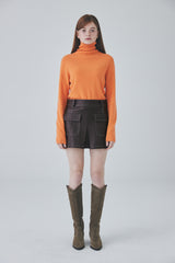 ビーガンレザースティッチミニスカート / Vegan Leather Stitch Mini Skirt [Brown]