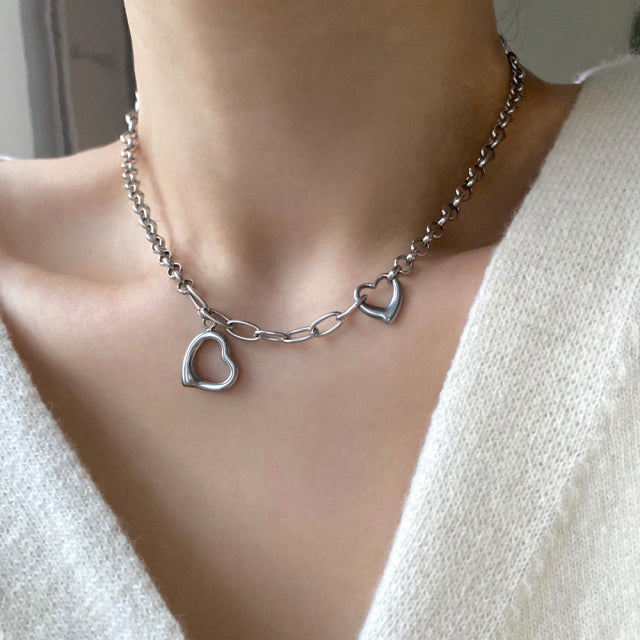 ツインハートボールドチェーンチョーカーロングネックレス / cuh Twin Heart Bold Chain Choker Long Necklace