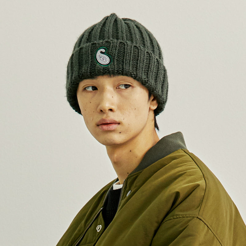 YPペイズリーパッチニットビーニー / YP PAISLEY PATCH KNIT BEANIE DEEP GREEN