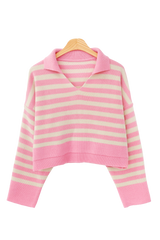 レッツスプリングカラーストライプクロップドニット / Let's Spring Collar Stripe Cropped Knitwear (3 colors)