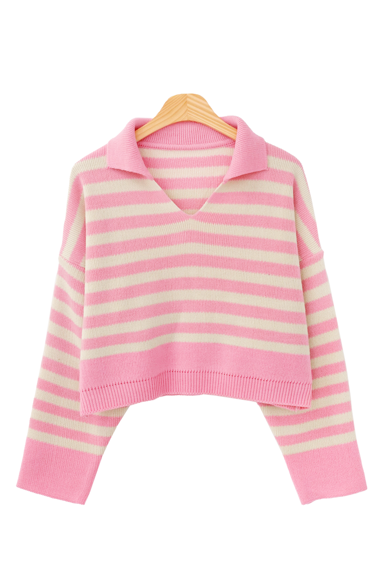 Letz Spring Collar Stripe Cropped Knitwear (3 colors)