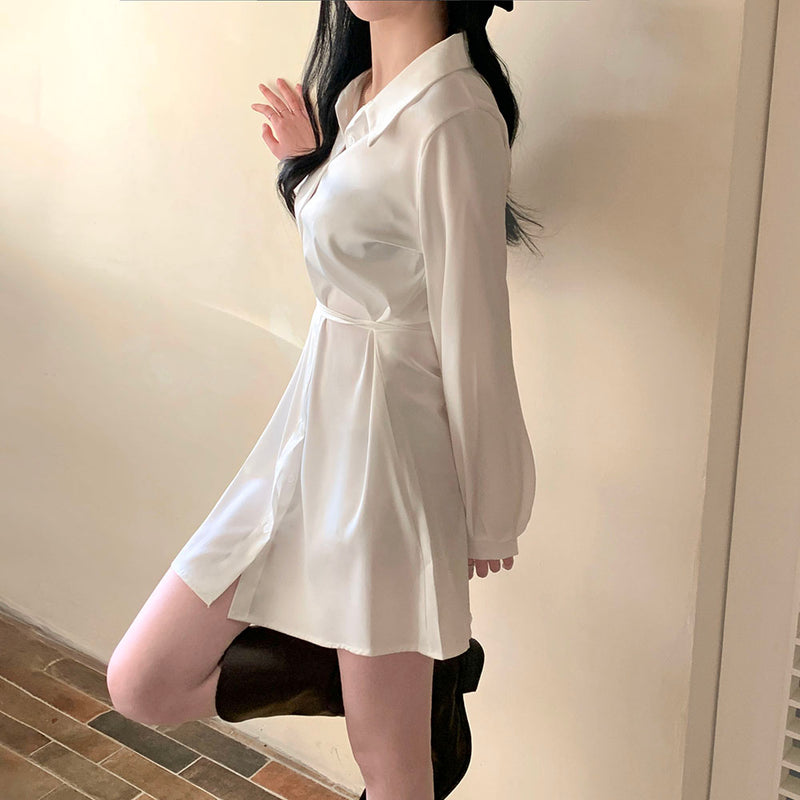 エラサテンシャツミニドレス / [3color/waist strap] Ella satin shirt mini dress